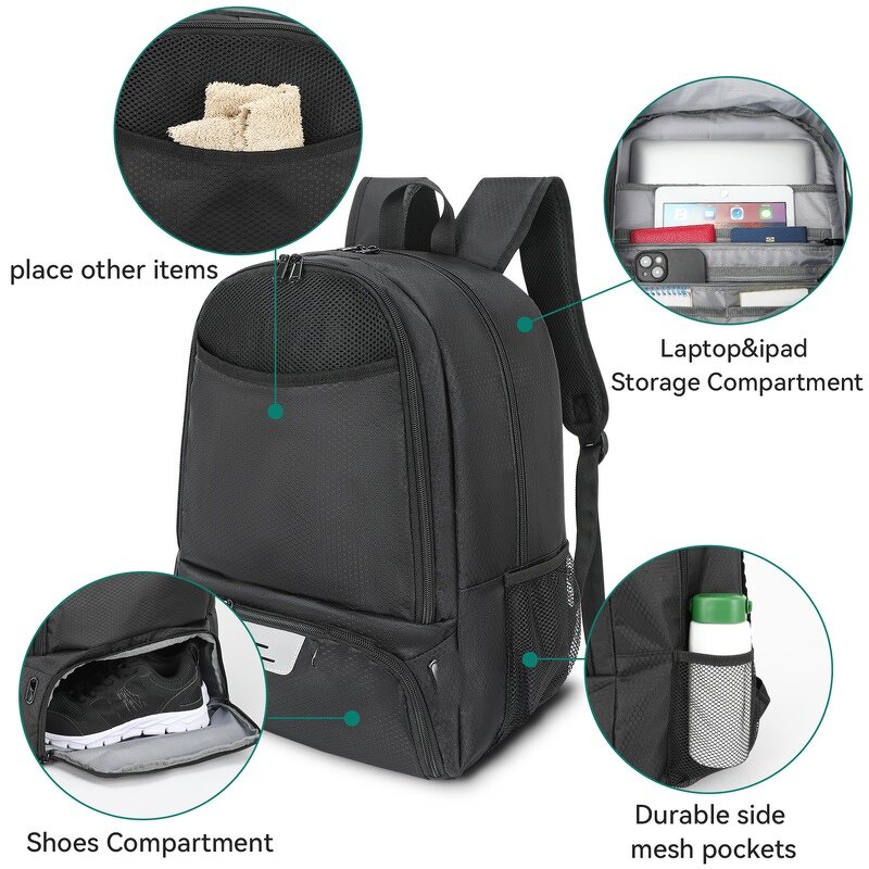 Volleyball Football Backpack Manufacturer - Custom with Ball & Shoe Compartment Mesh Black Basketball Soccer Sports