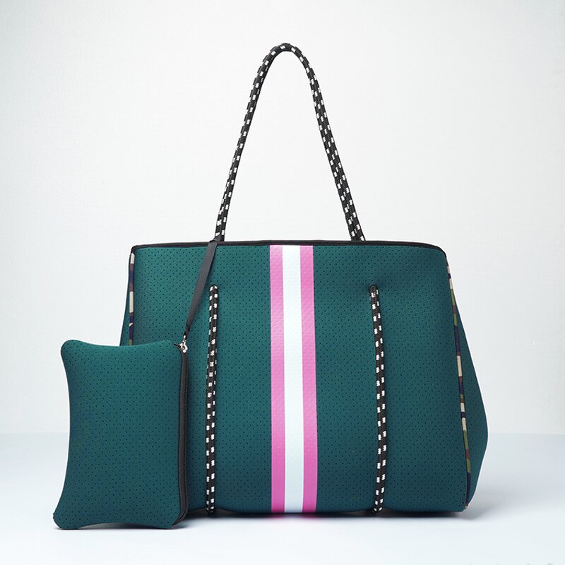 Checkered Neoprene Tote Bag Manufacturer - Design Punched Holes Hand With Top Zipper