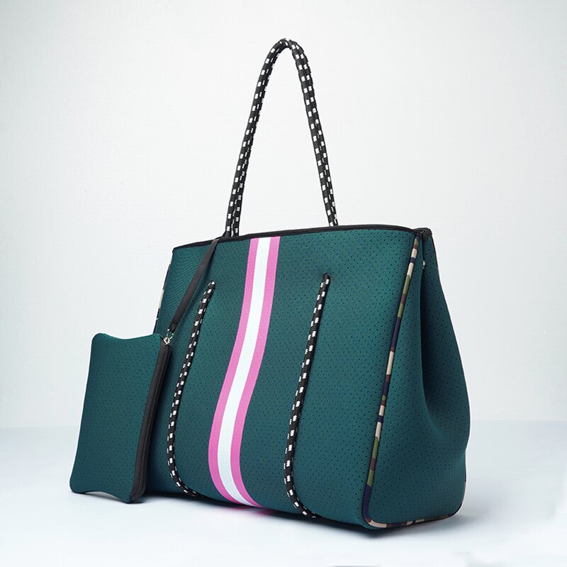 Checkered Neoprene Tote Bag Manufacturer - Design Punched Holes Hand With Top Zipper