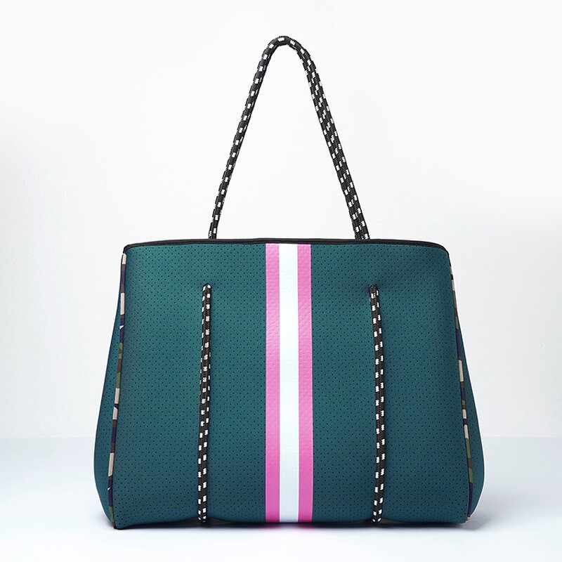 Checkered Neoprene Tote Bag Manufacturer - Design Punched Holes Hand With Top Zipper