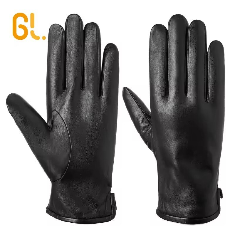 Leather Mittens Manufacturer - Men Genuine Black Motorcycle Sheepskin Winter Warm Lambskin