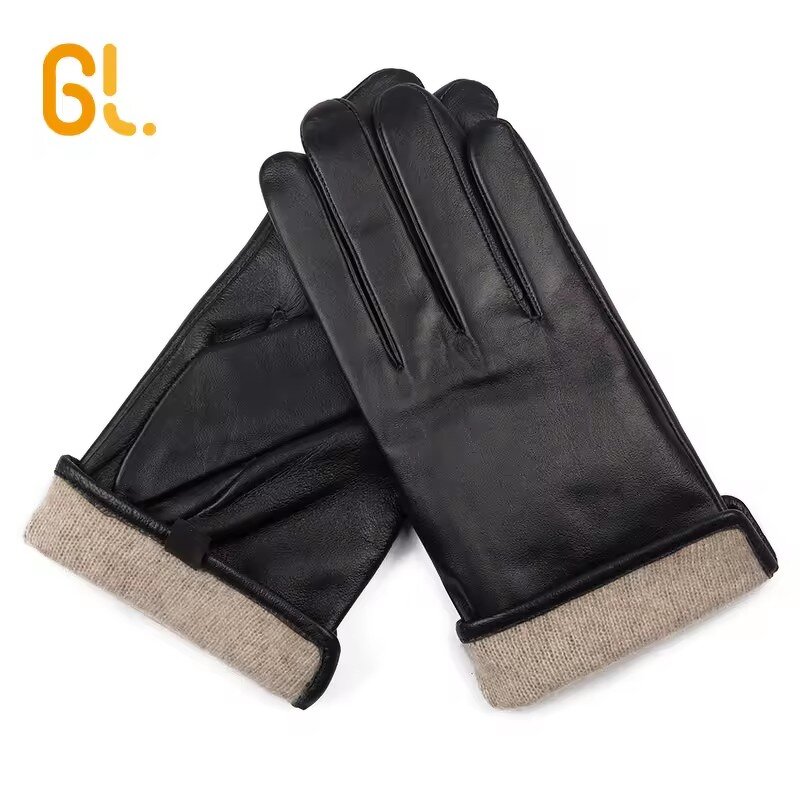 Leather Mittens Manufacturer - Men Genuine Black Motorcycle Sheepskin Winter Warm Lambskin