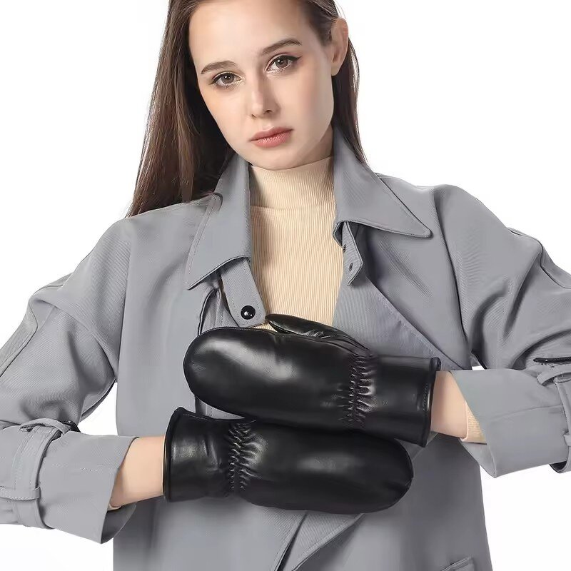 Leather Mittens Manufacturer - Women's Black Ladies Sheepskin Winter Warm Lambskin for Girls