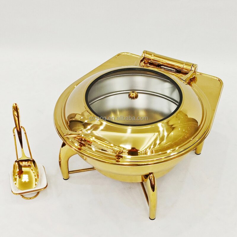 Round Chafing Dish Manufacturer - Catering Equipment Luxury Hotel Buffet Food Warmer Fuel Stainless Steel Gold