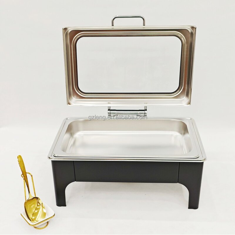 Rectangular Buffet Food Warmer Manufacturer - Modern 9L Stainless Steel Black Hydraulic Hinge Chafing Dish for Catering Fuel Heating