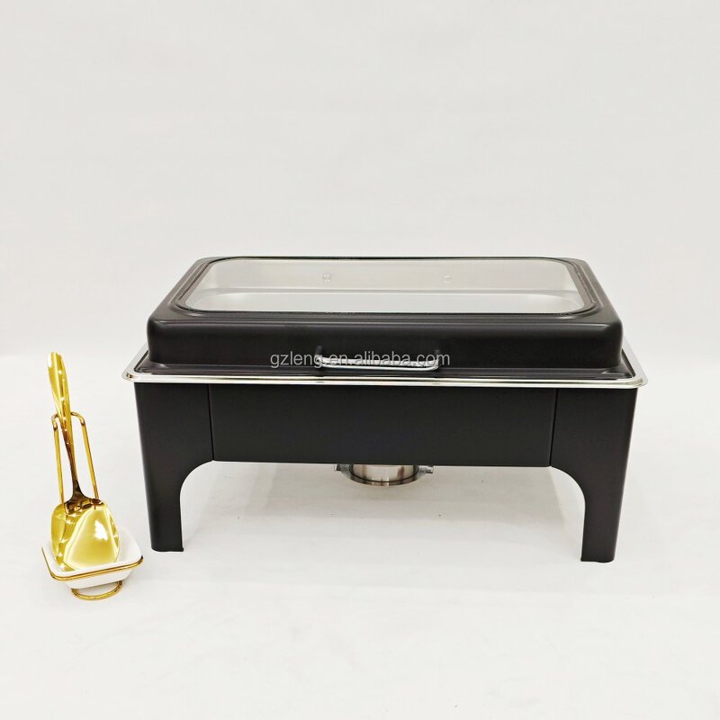 Rectangular Buffet Food Warmer Manufacturer - Modern 9L Stainless Steel Black Hydraulic Hinge Chafing Dish for Catering Fuel Heating