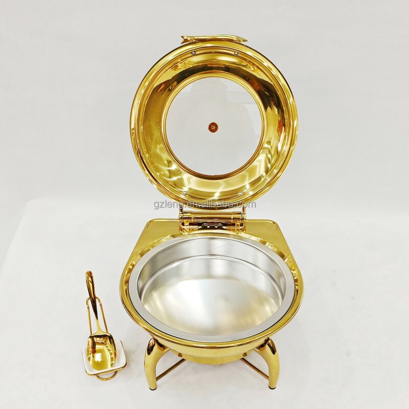 Round Chafing Dish Manufacturer - Catering Equipment Luxury Hotel Buffet Food Warmer Fuel Stainless Steel Gold