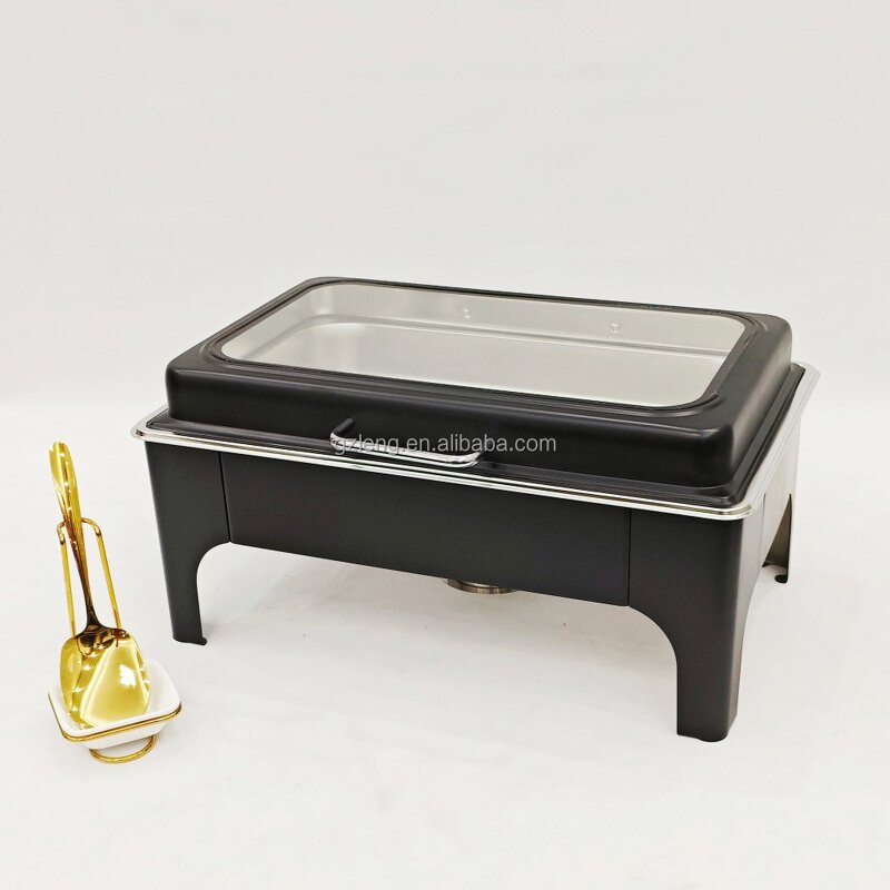 Rectangular Buffet Food Warmer Manufacturer - Modern 9L Stainless Steel Black Hydraulic Hinge Chafing Dish for Catering Fuel Heating