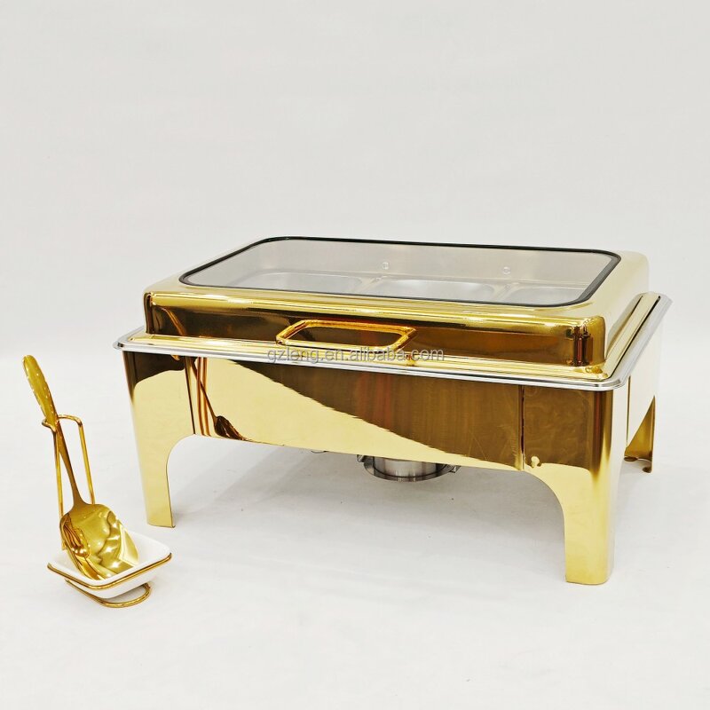 Commercial Gold Chafing Dish Manufacturer - Stainless Steel 9L Capacity Fuel Rectangular Food Warmer Buffet for Catering Serving