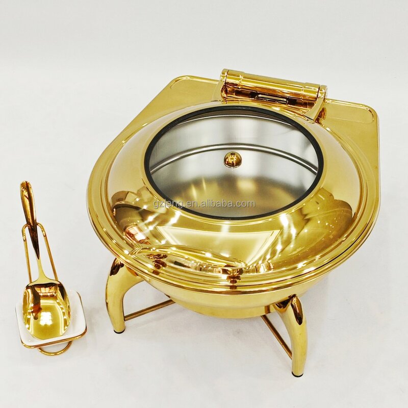 Round Chafing Dish Manufacturer - Catering Equipment Luxury Hotel Buffet Food Warmer Fuel Stainless Steel Gold