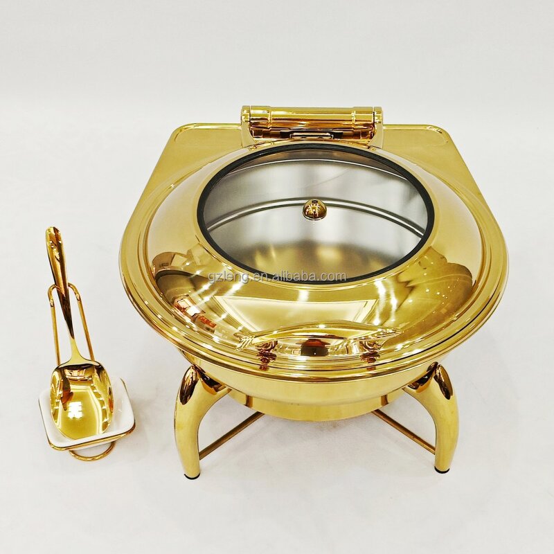 Round Chafing Dish Manufacturer - Catering Equipment Luxury Hotel Buffet Food Warmer Fuel Stainless Steel Gold