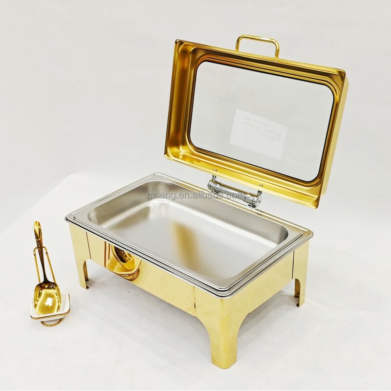 Commercial Gold Chafing Dish Manufacturer - Stainless Steel 9L Capacity Fuel Rectangular Food Warmer Buffet for Catering Serving
