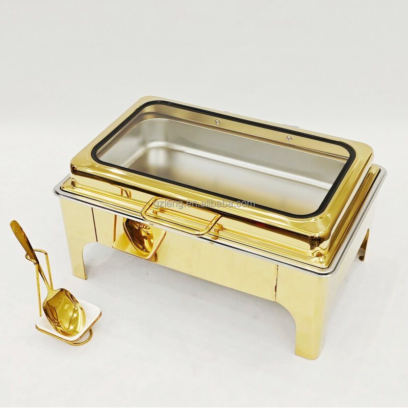 Commercial Gold Chafing Dish Manufacturer - Stainless Steel 9L Capacity Fuel Rectangular Food Warmer Buffet for Catering Serving