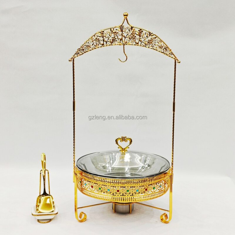 Alcohol Stove Chafing Dish Manufacturer - Hot Selling Restaurant Supplies Luxury Gold Hanging Lid Stainless Steel for Buffet