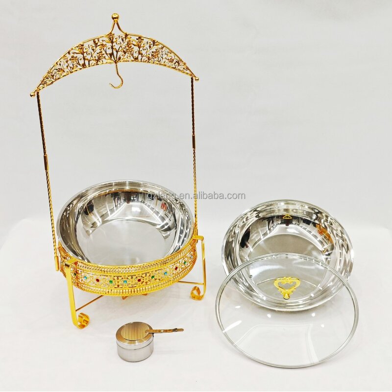 Alcohol Stove Chafing Dish Manufacturer - Hot Selling Restaurant Supplies Luxury Gold Hanging Lid Stainless Steel for Buffet