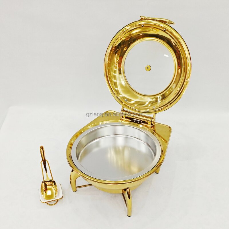 Round Chafing Dish Manufacturer - Catering Equipment Luxury Hotel Buffet Food Warmer Fuel Stainless Steel Gold