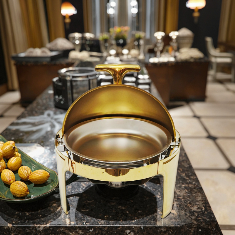 Round Gold Hotel Chafing Dish Manufacturer - Stainless Steel Unique Fuel Heating Display Food Warmer for Weddings & Banquets