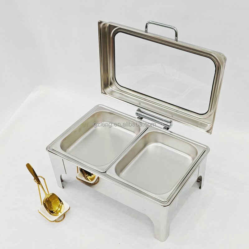 Silver Catering Buffet Server Manufacturer - Commercial 9L with Glass Food Warmer Rectangle Shape for Hotel Fuel Heating