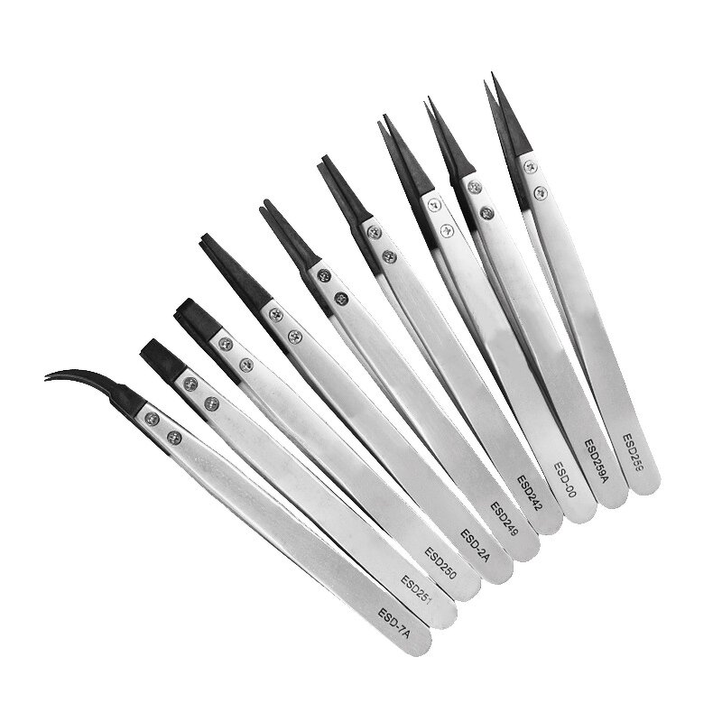Antistatic Tweezers Manufacturer - GI Wholesales Esd 259 Tip Replacing 130mm Silver Carbon Fiber Stainless Steel