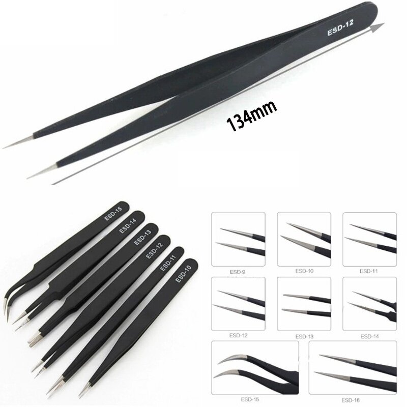 ESD Anti-static Tweezer Manufacturer - Eyelash Extension Industrial Components Maintenance Stainless Steel Black