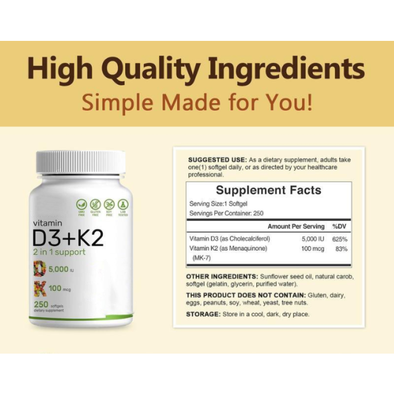 Vitamin D3 K2 Softgel Factory - Gmp Factory OEM Vitamin D3 K2 5000IU 100mcg with Sunflower Oil