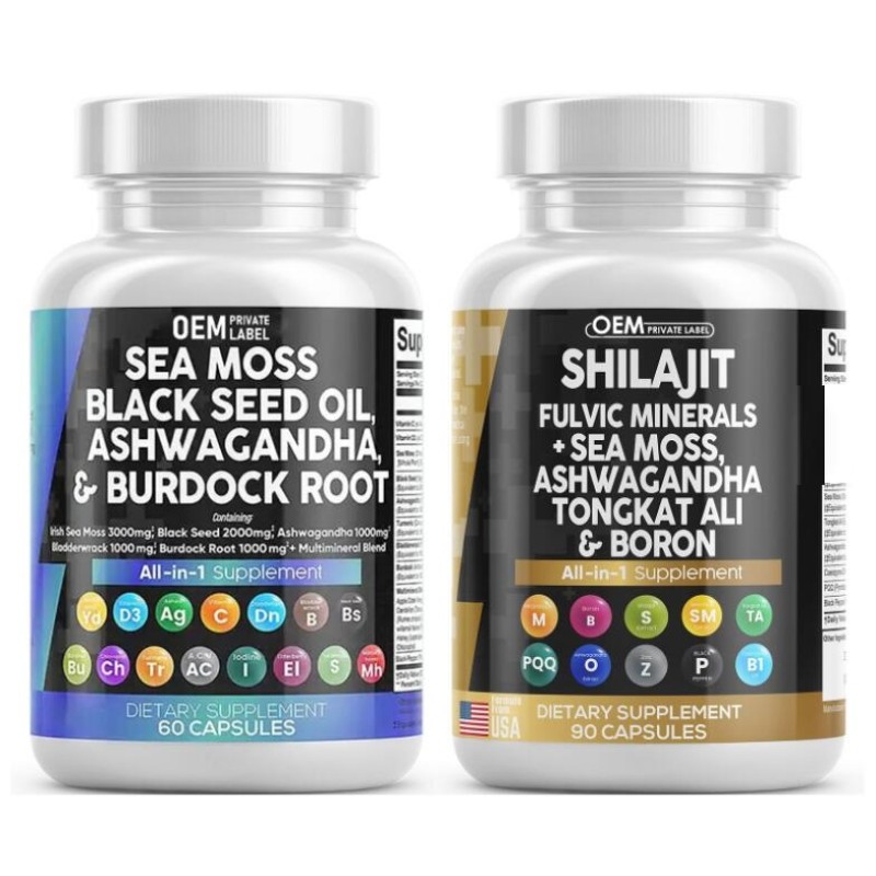Sea Moss Capsules Manufacturer - OEM logo Shilajit Black Seed Oil Ashwagandha Turmeric Blend
