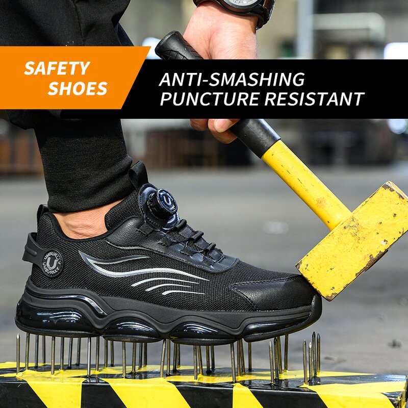 Men's Steel Toe Safety Shoes Manufacturer - Black Breathable Anti-smashing Quick Lacing Non-slip Security Guard Shoes