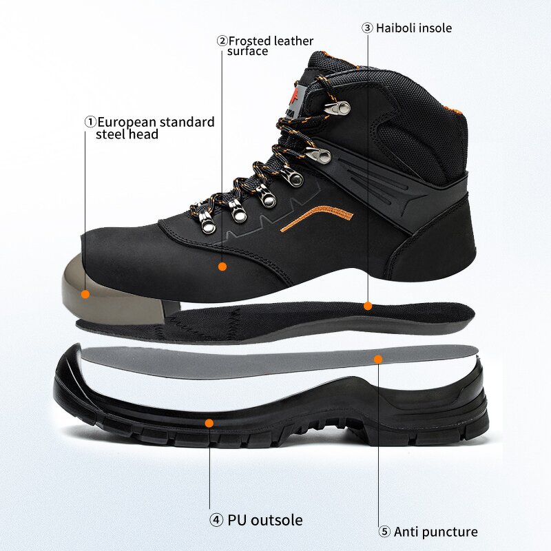 Men's Safety Shoes Manufacturer - Genuine Leather Upper Steel Toe Wear Resistant Dual Density PU Sole Comfortable Metal Custom Logo