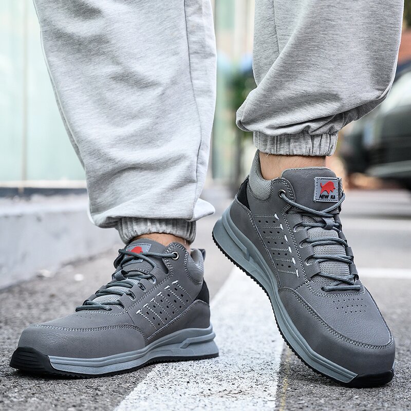 Men's Steel Toe Safety Shoes Manufacturer - Anti Puncture Grey Microfiber Upper Shoelaces Mesh Lining Good Quality