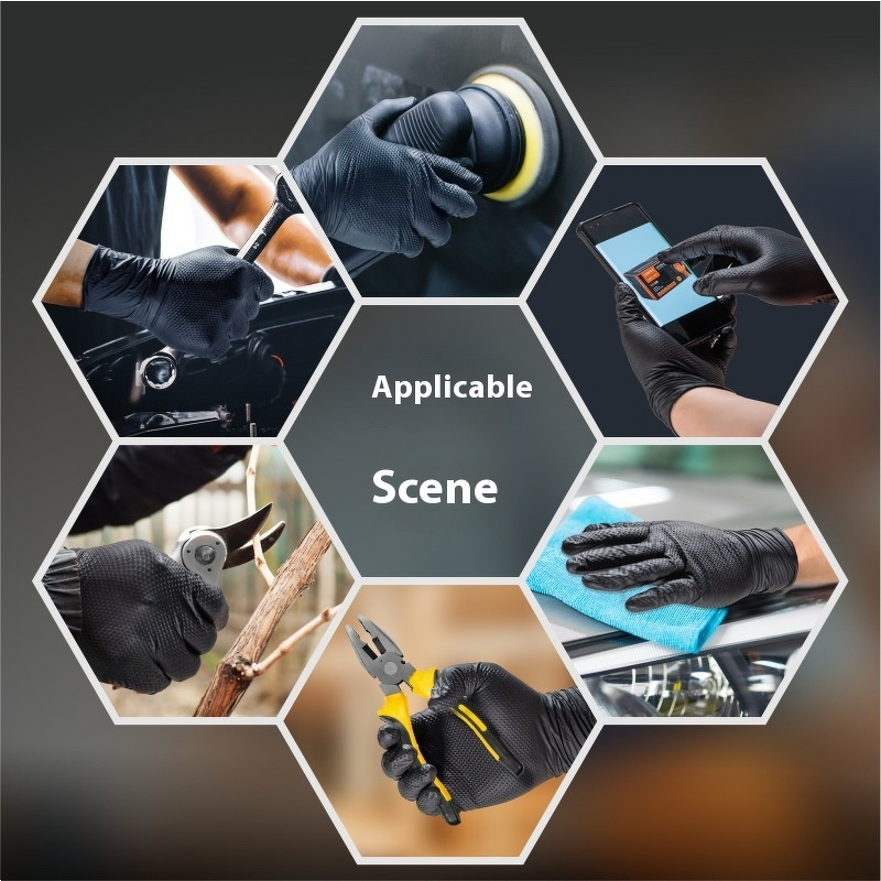 Nitrile Gloves Manufacturer - Disposable Protective Extra Thick Diamond Pattern Wear-resistant Anti-Slip SUNPPE NH15 Black Orange English