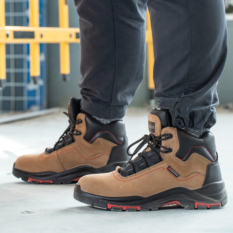 Men's Industrial Safety Shoes Manufacturer - Waterproof Leather MD Rubber Sole Breathable Black Steel Toe Mid Cut for Winter