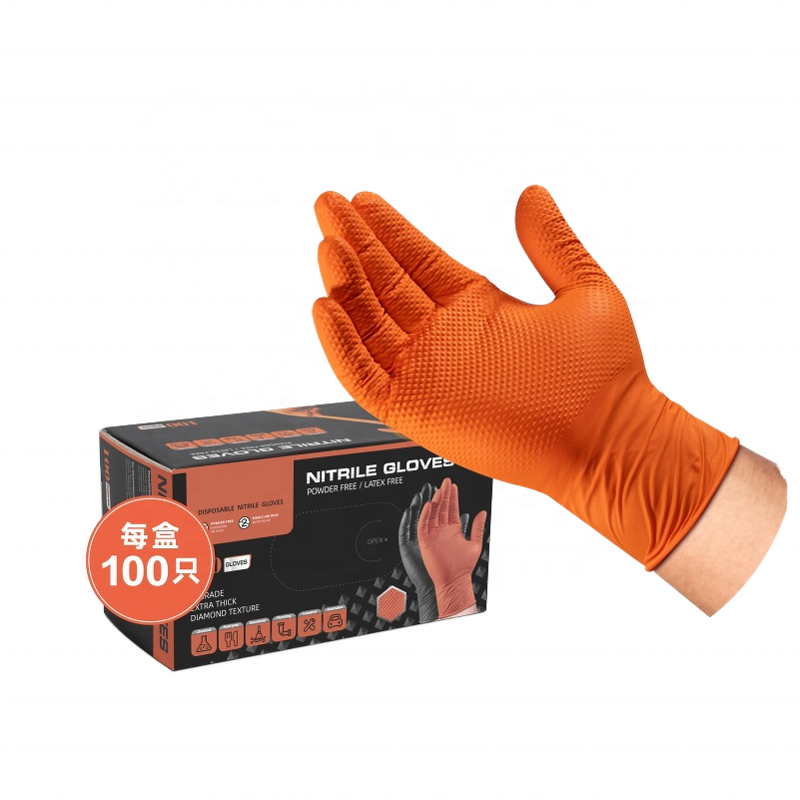 Nitrile Gloves Manufacturer - Disposable Protective Extra Thick Diamond Pattern Wear-resistant Anti-Slip SUNPPE NH15 Black Orange English