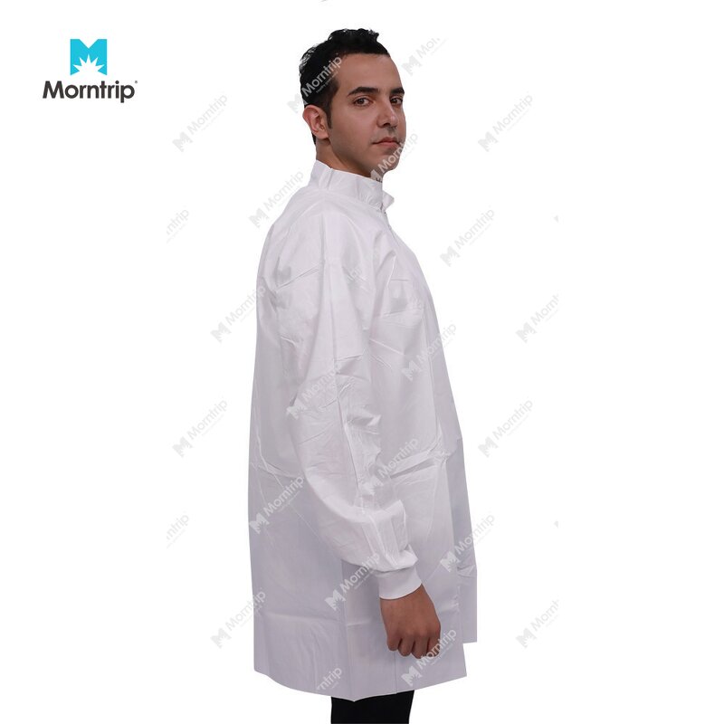 Disposable Lab Coat Manufacturer - Snap Closure for Lab Use Work Clothes Dust Suit White with Knitted Collar Cuffs
