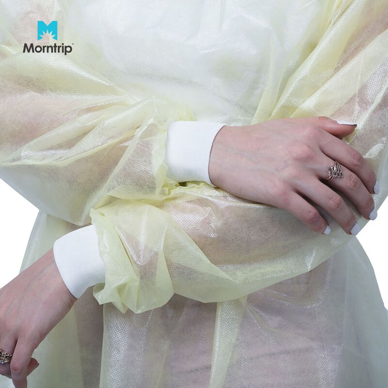 Disposable Isolation Gown Manufacturer - Inventory Sale Yellow 42gsm PP+PE 139x139cm with Knitted Cuff