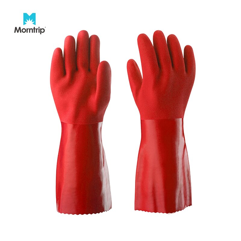 PVC Gloves Manufacturer - 40cm Long Gauntlet Fully Dipped Red Chemical Resistant for Industrial Use