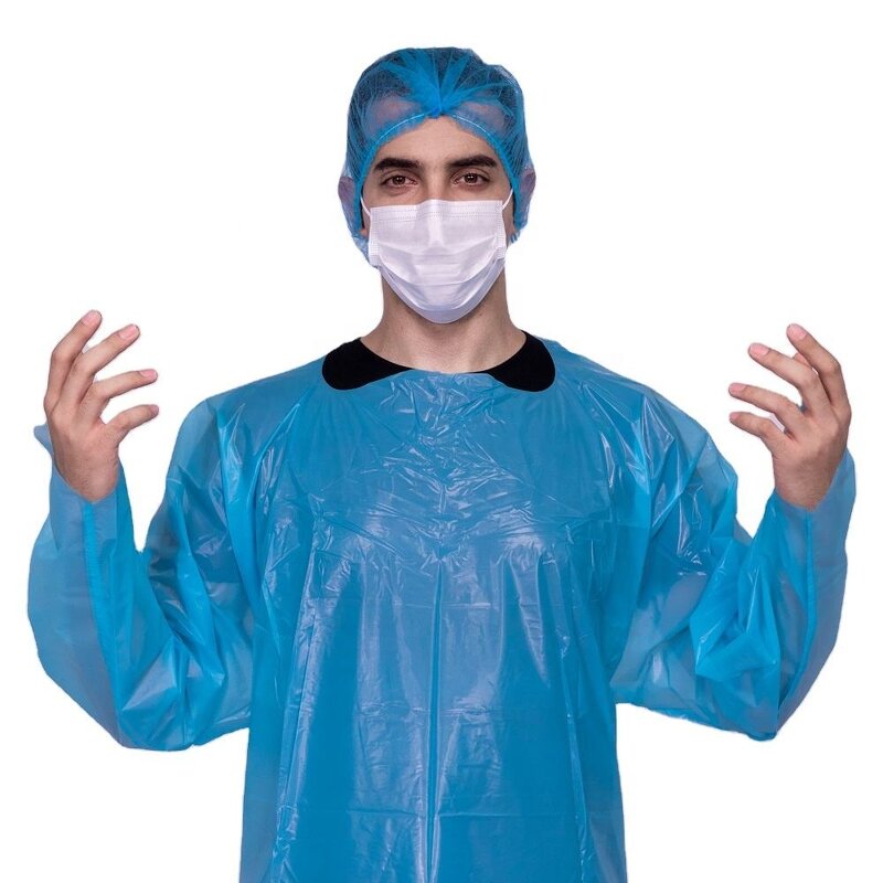 Disposable Isolation Gown Manufacturer - 45GSM/50GSM Long Sleeve CPE Plastic Waterproof with Thumb Loop