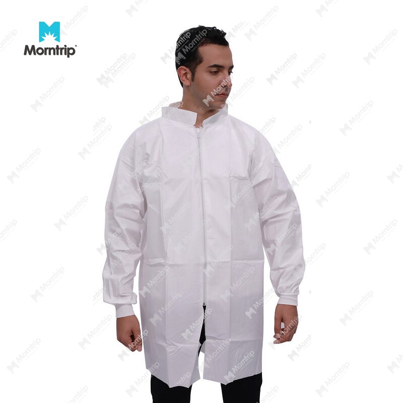 Disposable Lab Coat Manufacturer - Snap Closure for Lab Use Work Clothes Dust Suit White with Knitted Collar Cuffs