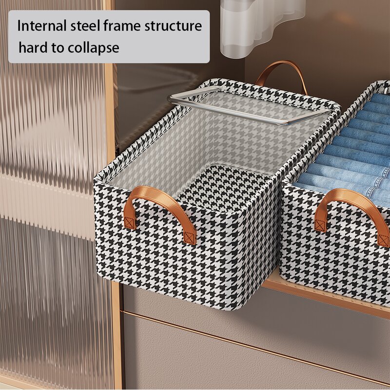 Foldable Steel Wardrobe Organizer Manufacturer - Classic Houndstooth Rectangle Cloth Storage Box for Bedding & Home Closet Fabric