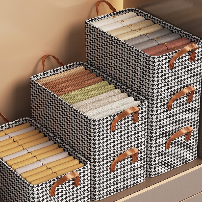 Foldable Steel Wardrobe Organizer Manufacturer - Classic Houndstooth Rectangle Cloth Storage Box for Bedding & Home Closet Fabric