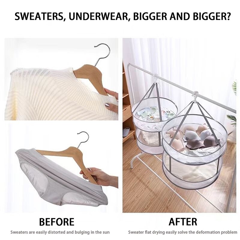 Fabric Drying Net Bag Manufacturer - Windproof Large Foldable Round Laundry Hamper with Hanging Basket Collapsible Mesh Clothes Drying