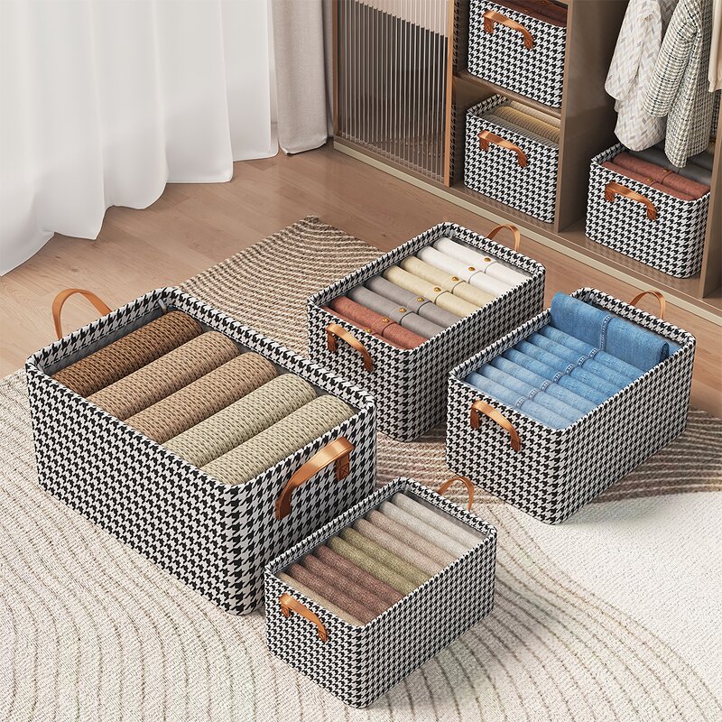 Foldable Steel Wardrobe Organizer Manufacturer - Classic Houndstooth Rectangle Cloth Storage Box for Bedding & Home Closet Fabric