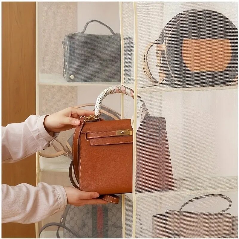 Hanging Handbag Storage Organizer Manufacturer - Slub Fabric Mesh Bag New Product With Hooks