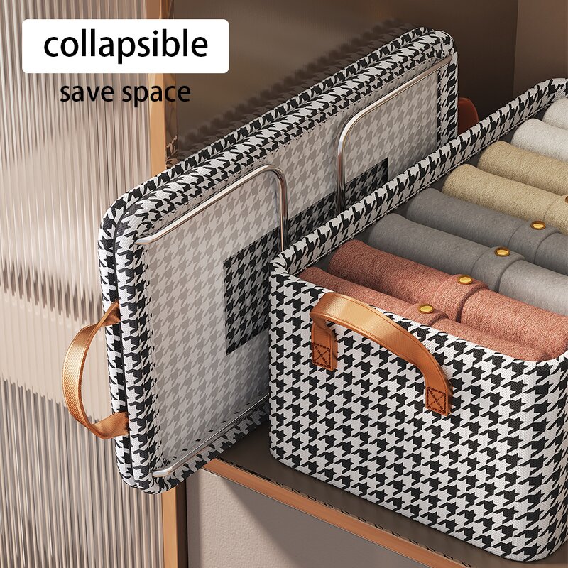 Foldable Steel Wardrobe Organizer Manufacturer - Classic Houndstooth Rectangle Cloth Storage Box for Bedding & Home Closet Fabric