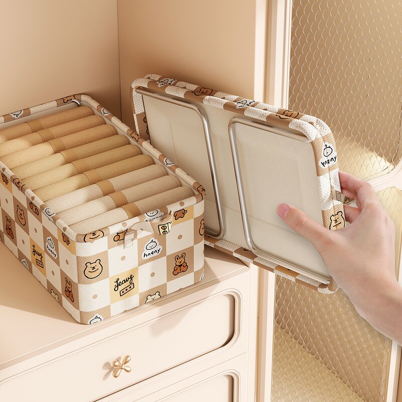 Steel Frame Storage Box Manufacturer - 2025 New Cartoon Bear Custom Logo Printing Smart Dormitory Wardrobe Clothes Basket Organization
