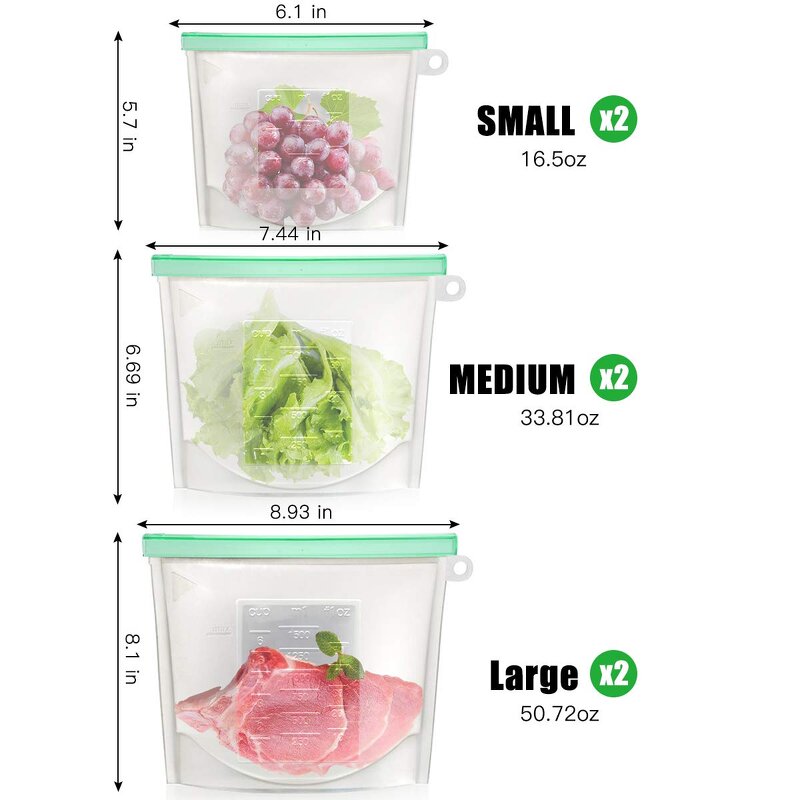 Silicone Food Storage Bags Manufacturer - YC Hot Sale Reusable Extra Thick Zipper Freezer 6 Packs Leakproof Zipper Freezer