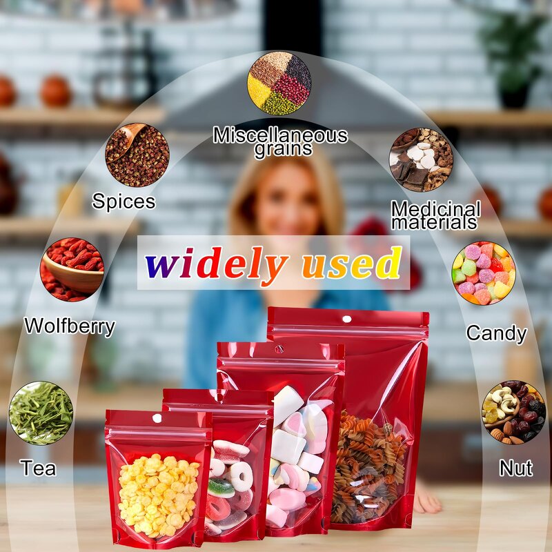 Compound Bag Manufacturer - YC Custom Printed Zip Lock Red Stand up Pouch With Clear Resealable Packaging for Storage Stand up Window Food