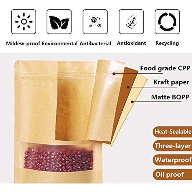 Recyclable Kraft Paper Bags Manufacturer - YC Zipper Brown Customized Stand up Biodegradable Snack Food Packing