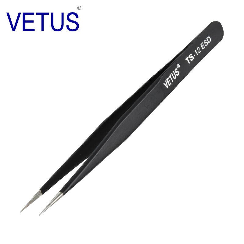 ESD Tweezers Manufacturer - 120mm VETUS Anti-Static Black Conductive Stainless Steel for Precision Clamping