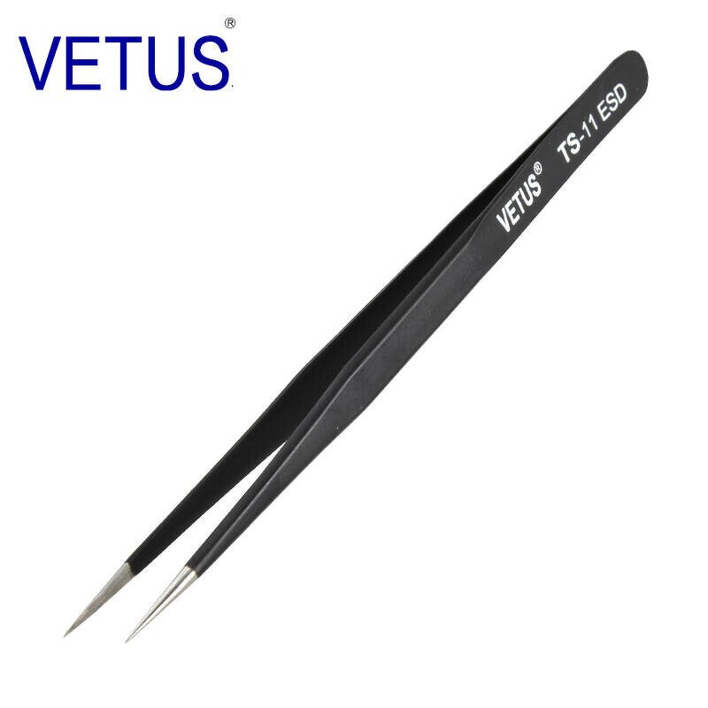 ESD Tweezers Manufacturer - 120mm VETUS Anti-Static Black Conductive Stainless Steel for Precision Clamping