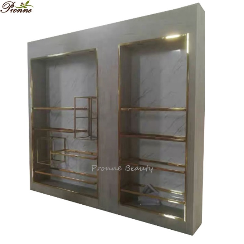 Cosmetic Display Cabinet Manufacturer - Beauty Salon Floor Standing Customized Makeup Wood Pink Gold Showcase